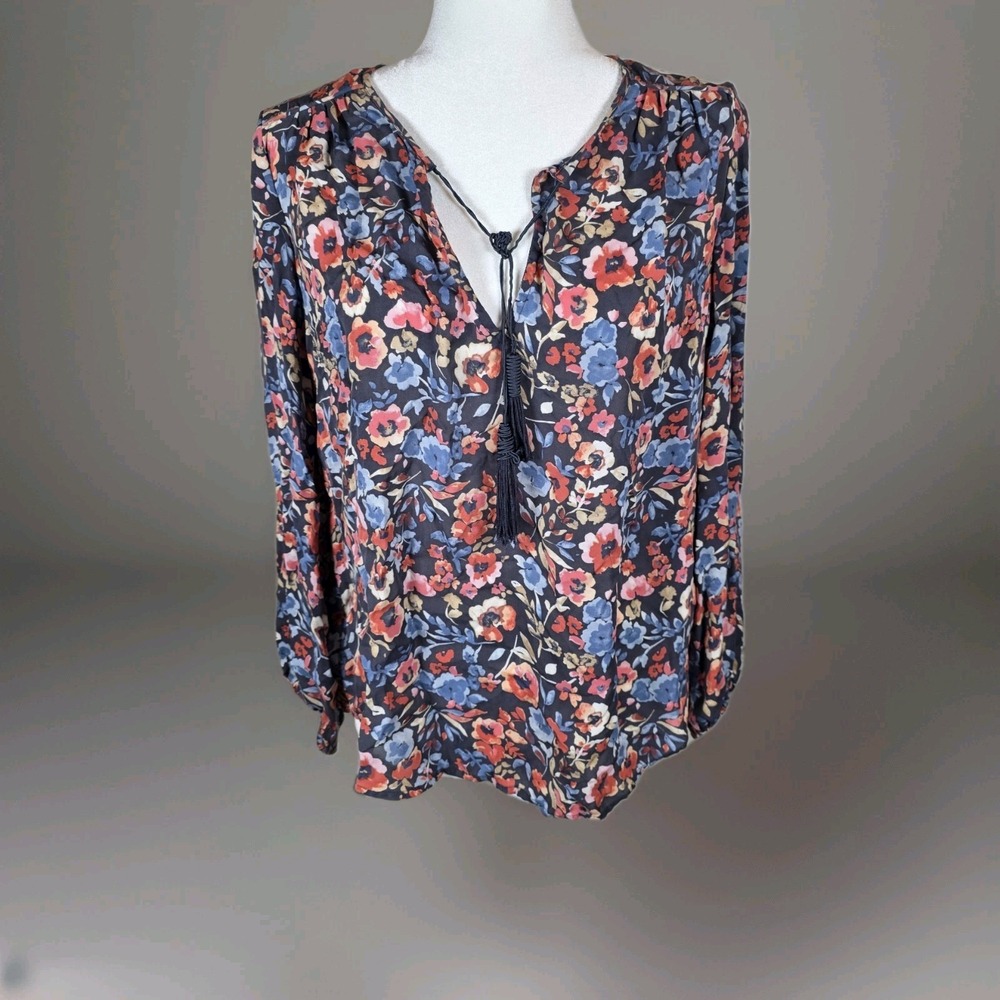 Joie Women's Blouse‎ Medium 100% Silk Floral Print Orange And Blue Flowers